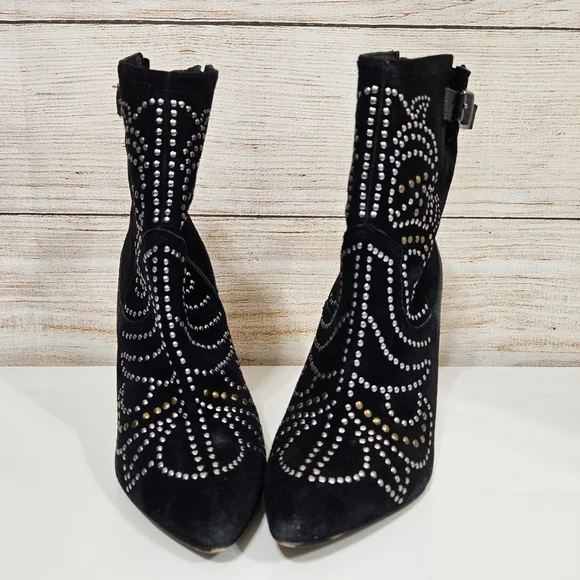 Aldo Jodetha Black Suede Ankle Bootie Heeled Boots 8.5 Silver Blonze Studs - Picture 4 of 12